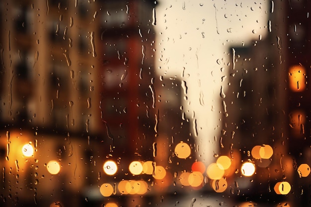Chuva cai à noite cidade borrada bokeh luz janelas chuvosas