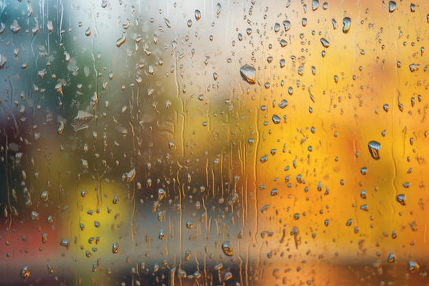 Chuva cai em uma janela com fundo desfocado