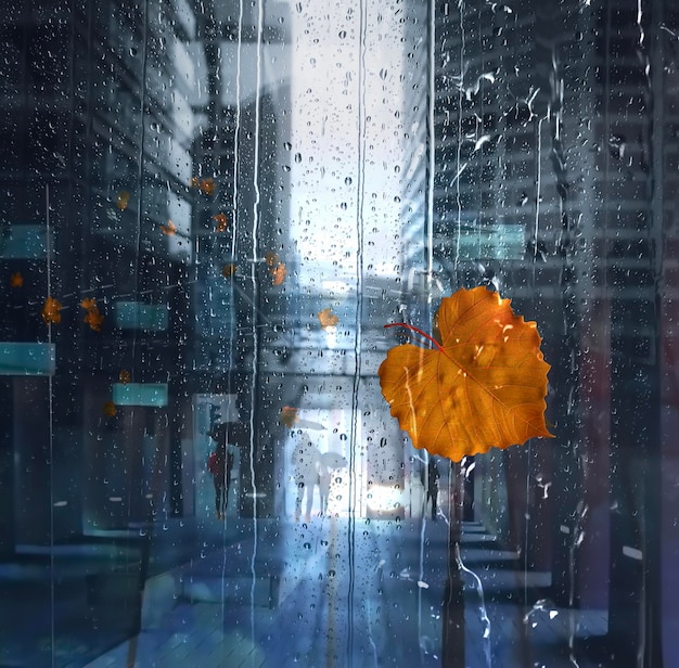 chuva da cidade chuvosa cai no vidro da janela e folhas amarelas caminhada pedestre com guarda-chuvas