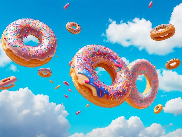 Chuva de donuts com céu azul e donuts coloridos