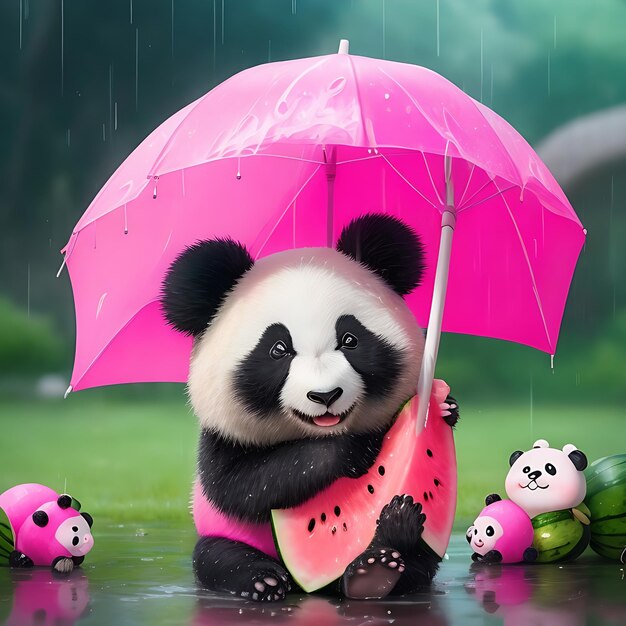 Chuva de melancia rosa e panda fofo