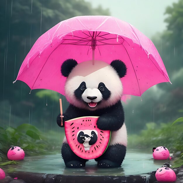 Chuva de melancia rosa e panda fofo