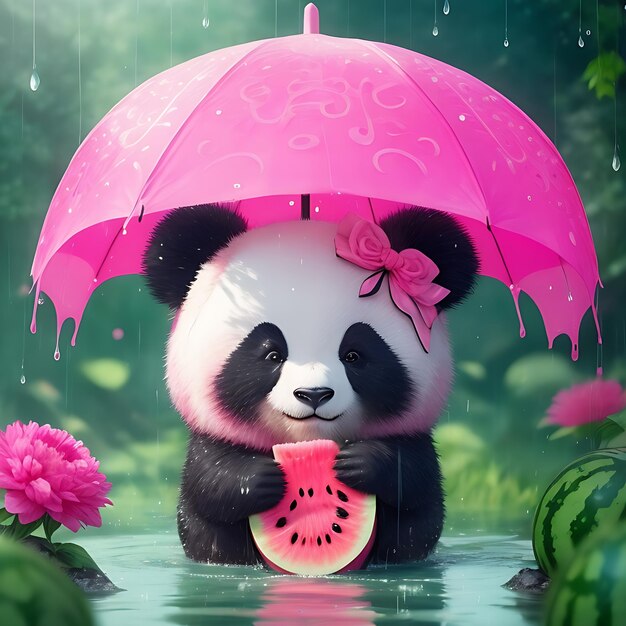 Chuva de melancia rosa e panda fofo