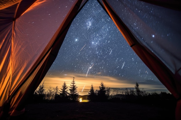 Chuva de meteoros vista através de uma aba de tenda aberta