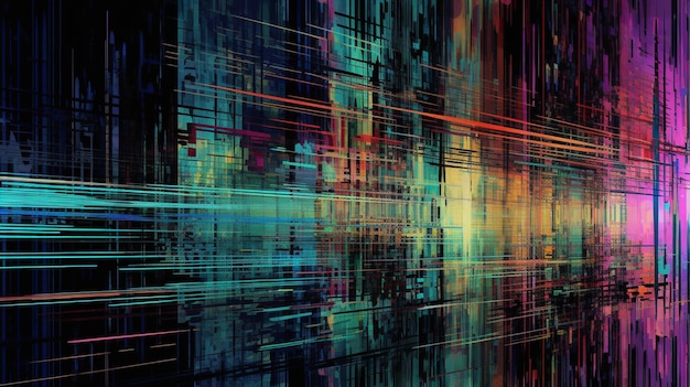 Chuva de neon colorida cyberpunk em um fundo preto Ilustração retrô de listras brilhantes diagonais e gradações retas scifi arte generativa AI