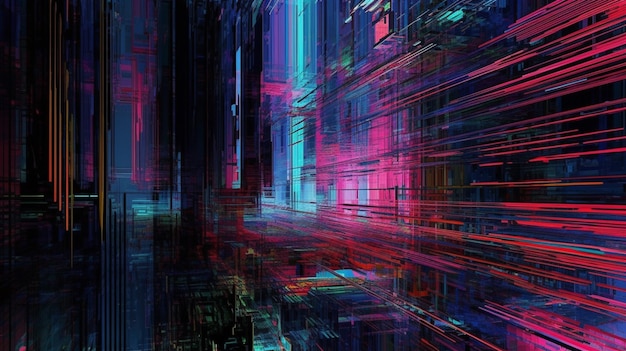 Chuva de neon colorida cyberpunk em um fundo preto Ilustração retrô de listras brilhantes diagonais e gradações retas scifi arte generativa AI