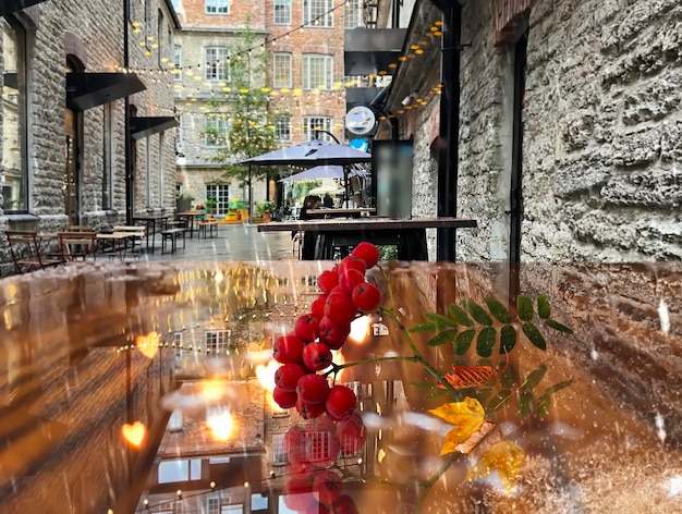 Foto chuva e folhas amarelas com galho de bagas de rowan na mesa de madeira na rua tallinn velha cidade medieval