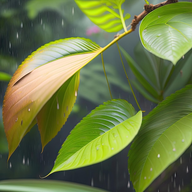 Chuva forte caindo sobre folhas tropicais, plantas de árvores de flores no jardim da floresta tropical na estação chuvosa