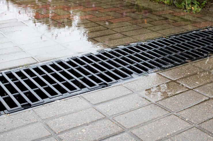 Chuva grelha na calçada na chuva