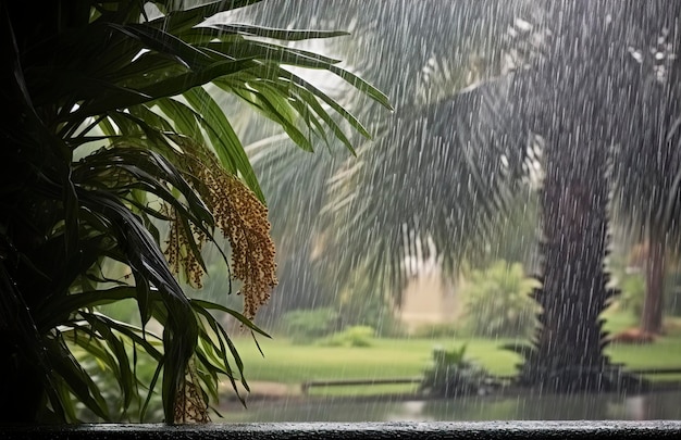 Foto chuva nos trópicos durante a estação baixa ou estação das monções gotas de chuva em um jardim