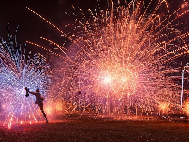 Chuvas de fogos de artifício com faíscas quentes provenientes da fiação de lã de aço na cidade à noite