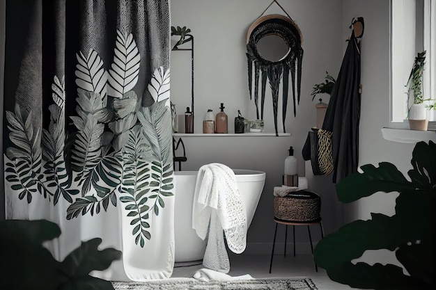 Chuveiro escandinavo chique com cortina de chuveiro boho e plantas falsas criadas com IA generativa