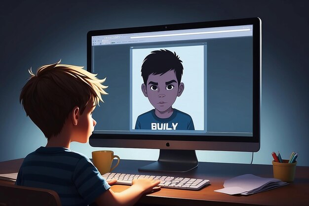 Foto ciber matón en la pantalla de la computadora proyectando sombra en la ilustración de la bolsa del niño