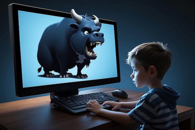 Foto ciber matón en la pantalla de la computadora proyectando sombra en la ilustración de la bolsa del niño