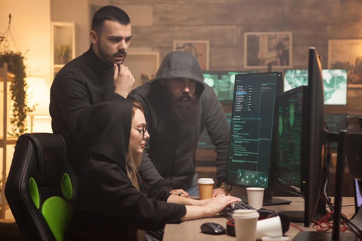 Foto ciber terrorista ayudando a una hacker a romper el servidor de un gobierno vulnerable.