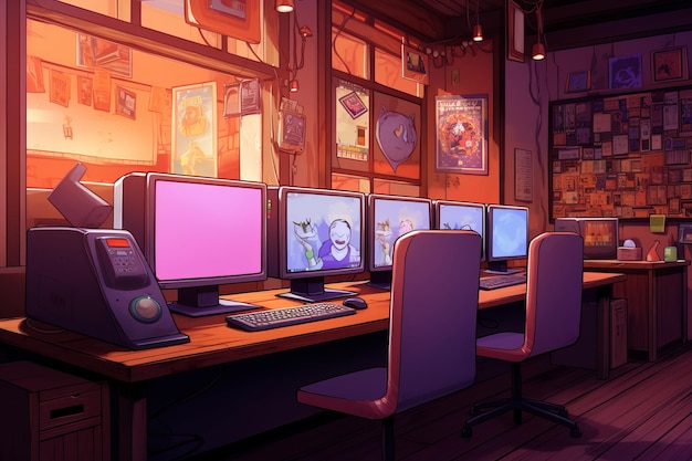 Cibercafé de dibujos animados Imagen de ilustración hermosa IA generativa