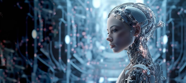 Una ciberchica humanoide artificialmente inteligente piensa en Generative Ai