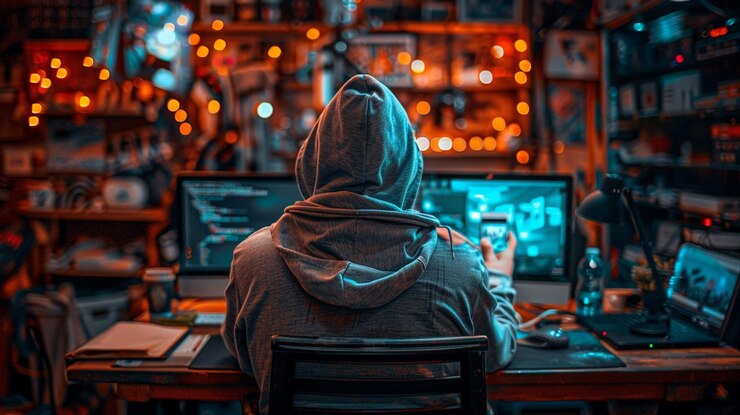 Foto un cibercriminal en la computadora