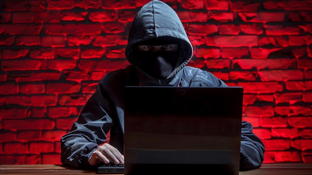 Cibercriminoso com capuz hackeando computador contra parede de tijolos vermelhos