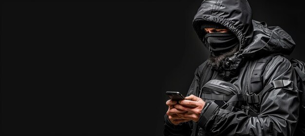 Foto cibercriminoso masculino vestido de preto com balaclava segurando telefone ilustrando o conceito de fraude telefônica