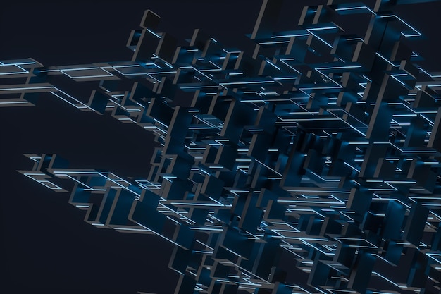 Ciberespacio azul con líneas brillantes cruzadas renderización 3D