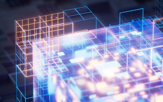 Ciberespacio digital con líneas cruzadas brillantes renderización 3D