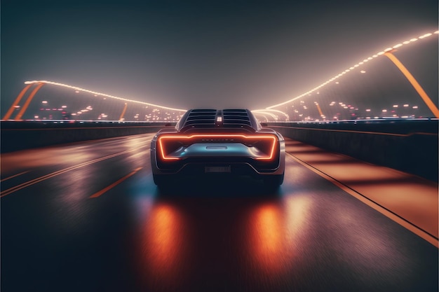 Ciberneón conduciendo un coche deportivo de energía verde con tecnología híbrida en futurista