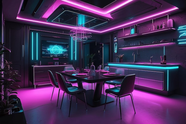 Foto ciberpunk dining room hightech vibes e estética de neon