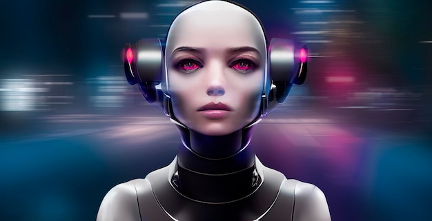 cíborg. Consecuencias de la singularidad. Robot con cara de mujer. Androide, humanoide. Fondo de la ciudad.