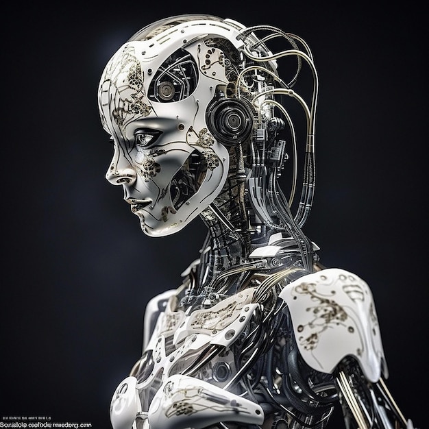 Ciborgue Android e máquina robô feminina isolada em fundo preto nova tecnologia futura ou inovação gerada por ai Scifi humanóide e engenharia robótica futurista em maquete de ficção científica de fantasia