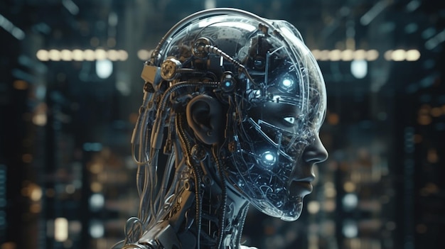 Ciborgue com cérebro brilhante Conceito de inteligência artificial