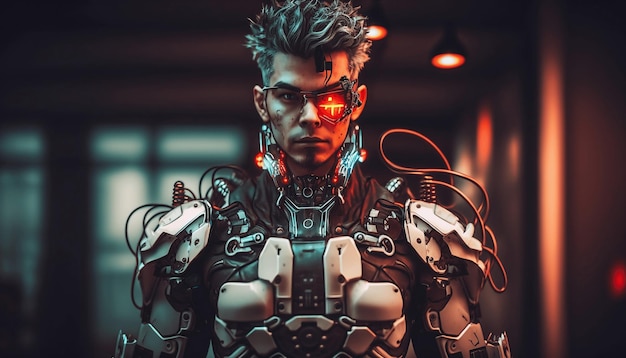 Foto ciborgue cyberpunk futurista de ficção científica na cidade cyberpunk com luzes de neon. ilustração digital