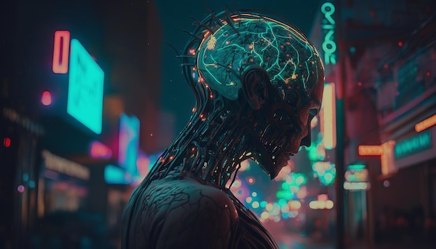 Ciborgue na cidade à noite estilo Cyberpunk Generative AI