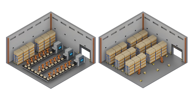 Ciborgues de automação de renderização 3D funcionam em armazém isométrico