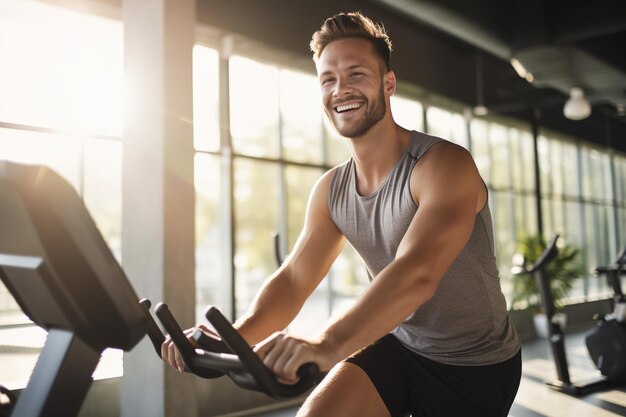 Foto ciclismo para el bienestar joven rompiendo objetivos de cardio con bicicleta de ejercicio