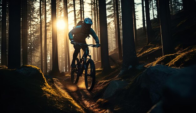 ciclismo de montaña en el bosque amanecer