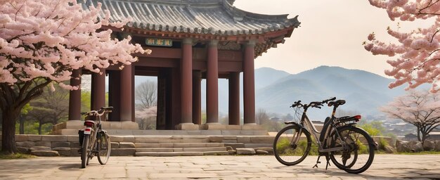 Foto ciclismo a través del sendero histórico de gyeongjus dos bicicletas en medio de cerezas en flor y paisajes serenos en