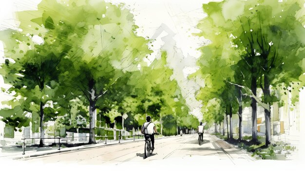 Ciclista adotando um estilo de vida ecológico atravessando um parque urbano em uma pista de bicicletas