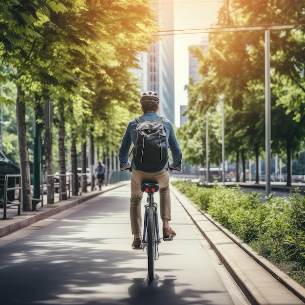 Ciclista adotando um estilo de vida ecológico
