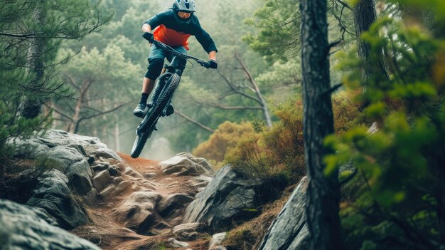 Ciclista aéreo conquistando obstáculos da natureza