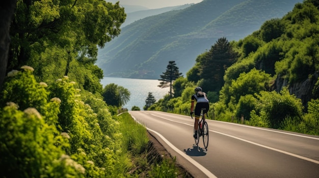 ciclista anda em uma rodovia cercada por florestas verdes generative ai