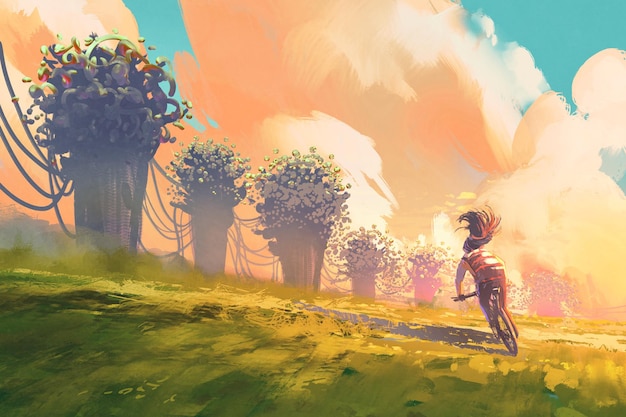 ciclista andando de bicicleta em um campo com árvore da fantasia e céu colorido, pintura de ilustração
