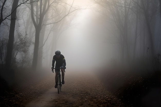 Ciclista andando de bicicleta em uma estrada aberta em clima nebuloso na floresta