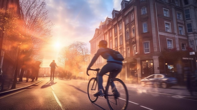 Ciclista andando de bicicleta em uma rua da cidade ao pôr do sol com IA gerada