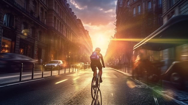 Ciclista andando de bicicleta em uma rua da cidade ao pôr do sol com IA gerada