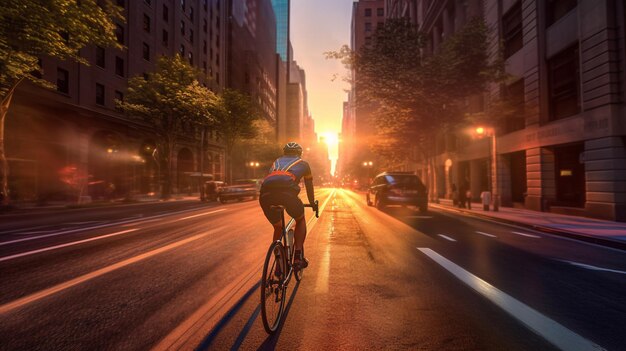 Ciclista andando de bicicleta em uma rua da cidade ao pôr do sol com IA gerada