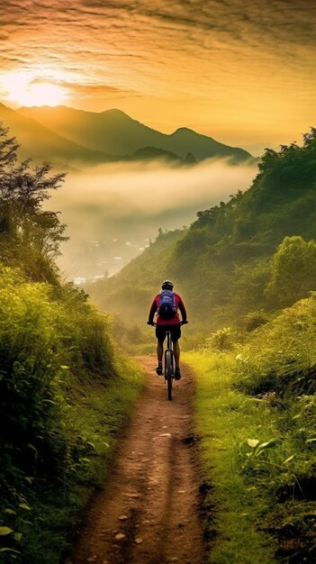 Ciclista Arafed descendo uma estrada de terra nas montanhas