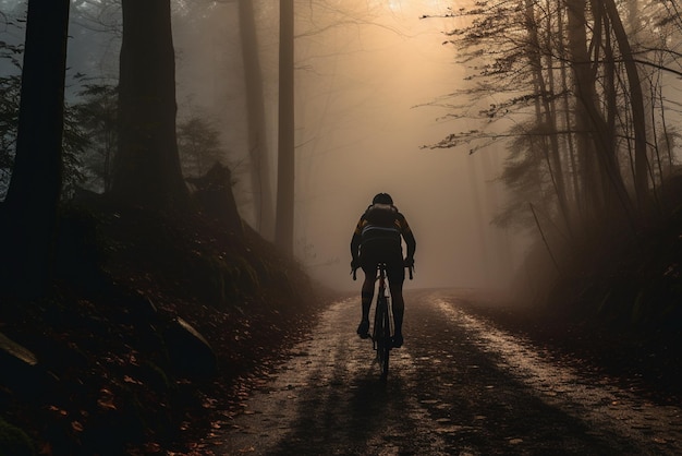 Ciclista en una bicicleta con bolsos montando a lo largo de una carretera de bosque con niebla