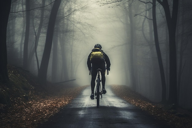 Ciclista en una bicicleta con bolsos montando a lo largo de una carretera de bosque con niebla