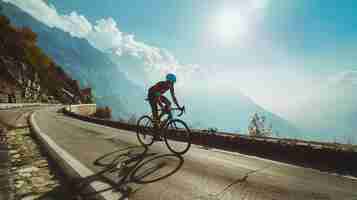 Foto ciclista en una bicicleta de carretera subiendo por un paso de montaña